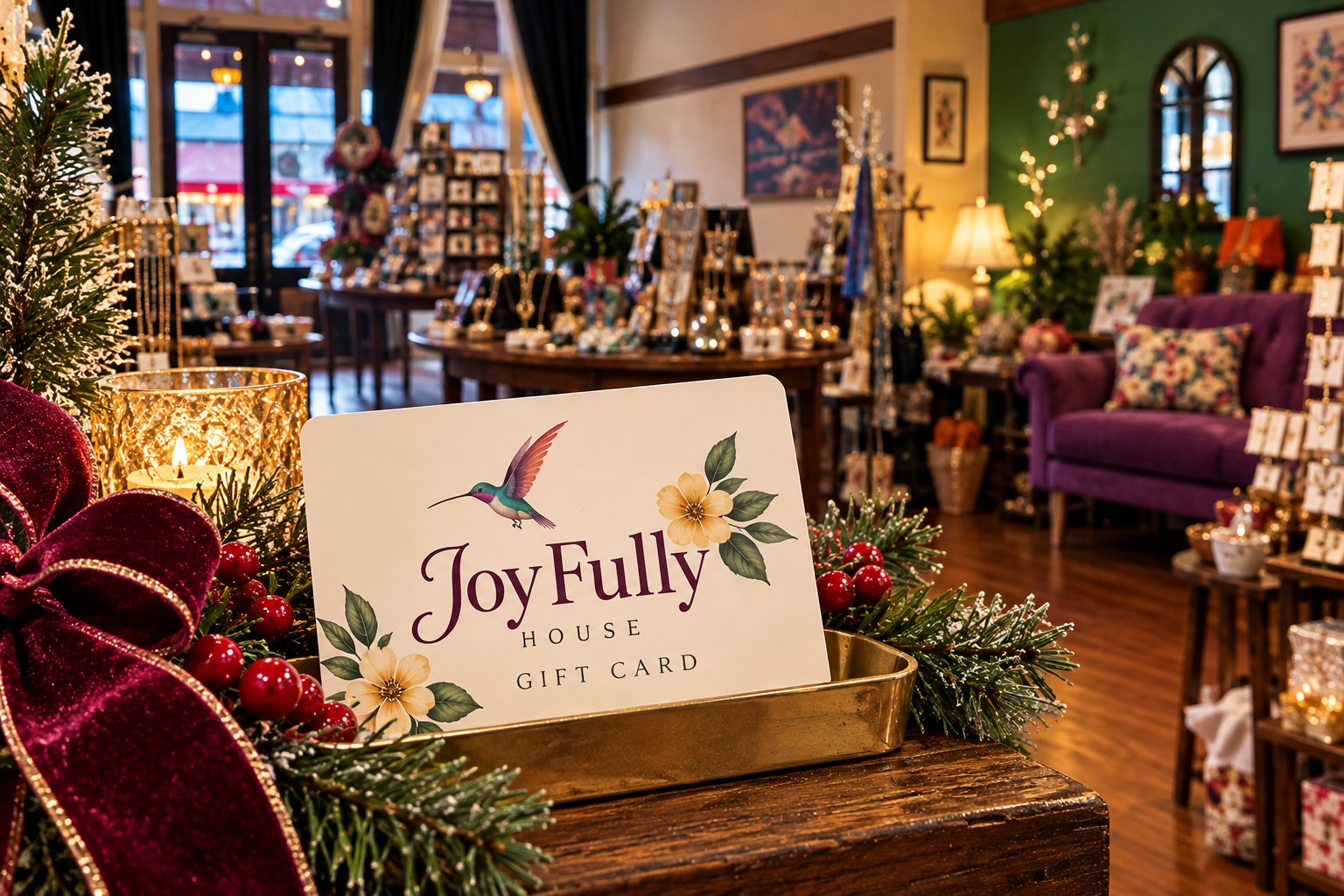 Joyfully House gift card in a brass tray beside a red velvet ribbon, pine, berries, and a lit candle in the shop